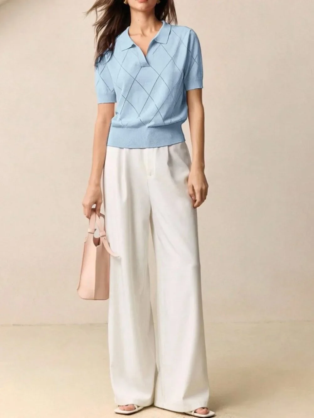 Sky Blue Knit Polo Sweater with Argyle Pointelle Detail